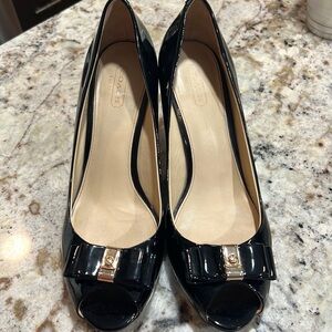 Coach Emma Peep Toe Black Patent Leather Wedges Size 9 1/2. Pristine condition